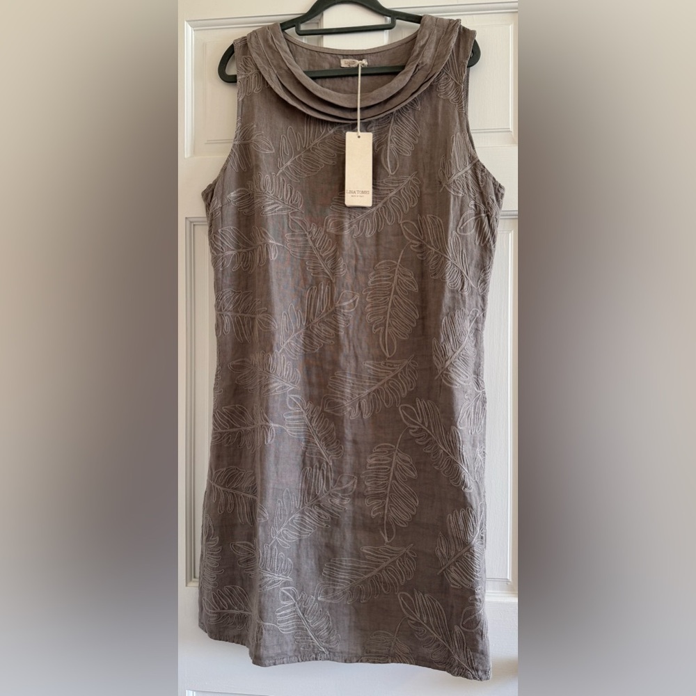 Lina Tomei Leaf Print Linen Dress Made in Italy